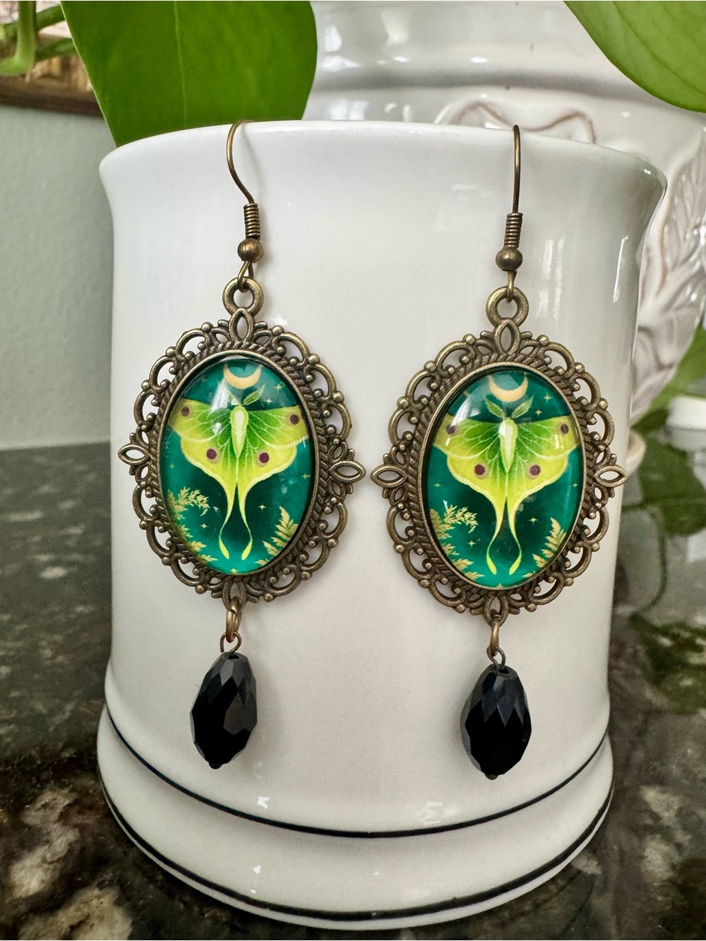 Green Luna Moth Vintage-Style Dangle Earrings 2” long - Picture 2 of 8